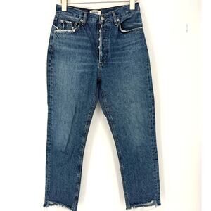 Agolde Riley Jeans Denim Button Fly Raw Hem High Rise Ankle Crop Blue Size 27